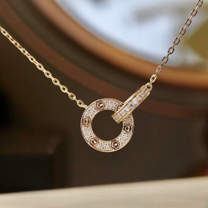 [⭐Clover Jewelry]LOVE 7.6MM NECKLACE ROSE GOLD AND SILVER  FULL DIAMOND