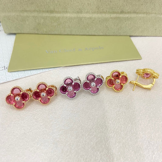 [⭐Clover Jewelry]2026 NEW  CLOVER 1 MOTIFPINK ENAMEL STUD EARRINGS WITH DIAMONDS2