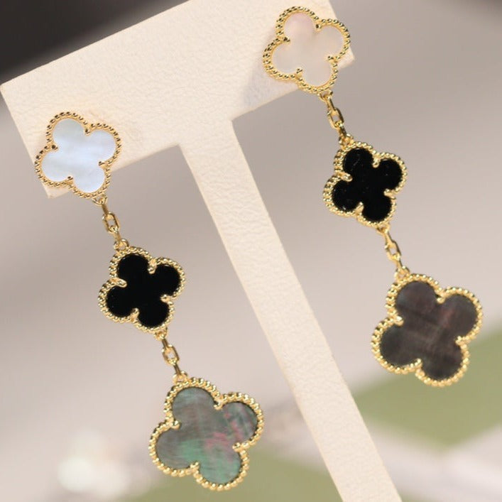 [⭐Clover Jewelry]CLOVER EARRINGS GOLD ONYX MOP 3 MOTIF