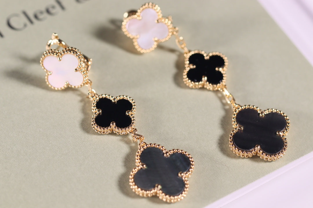 [⭐Clover Jewelry]CLOVER EARRINGS GOLD ONYX MOP 3 MOTIF