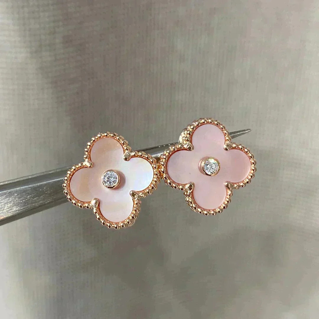 [⭐Clover Jewelry]CLOVER MEDIUM 1 MOTIFS  PINK MOP DIAMOND EARRINGS