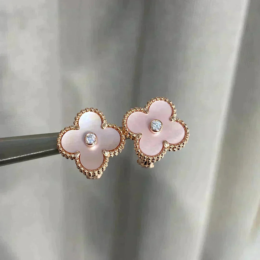 [⭐Clover Jewelry]CLOVER MEDIUM 1 MOTIFS  PINK MOP DIAMOND EARRINGS