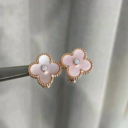 [⭐Clover Jewelry]CLOVER MEDIUM 1 MOTIFS  PINK MOP DIAMOND EARRINGS