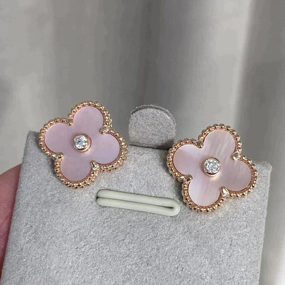 [⭐Clover Jewelry]CLOVER MEDIUM 1 MOTIFS  PINK MOP DIAMOND EARRINGS