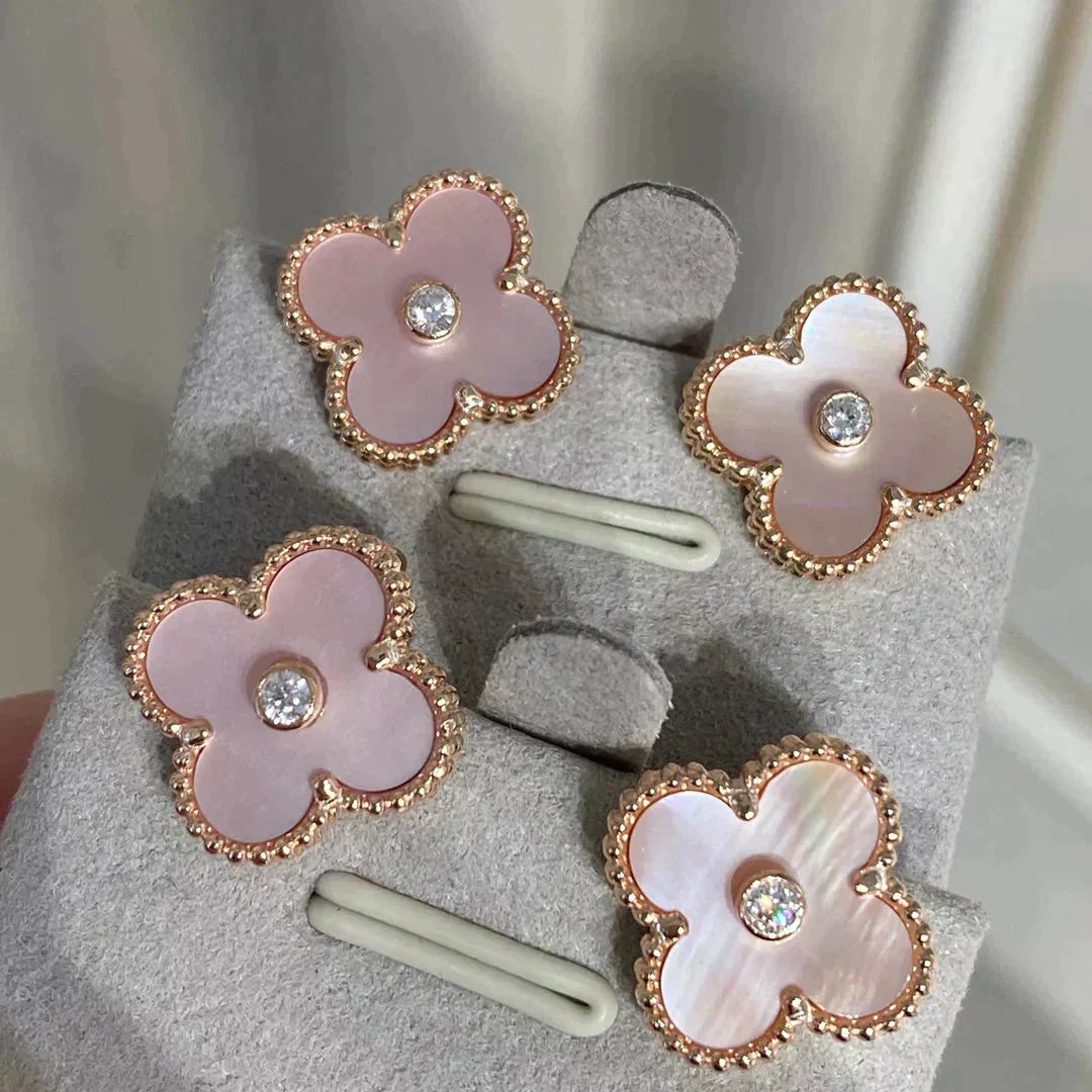[⭐Clover Jewelry]CLOVER MEDIUM 1 MOTIFS  PINK MOP DIAMOND EARRINGS