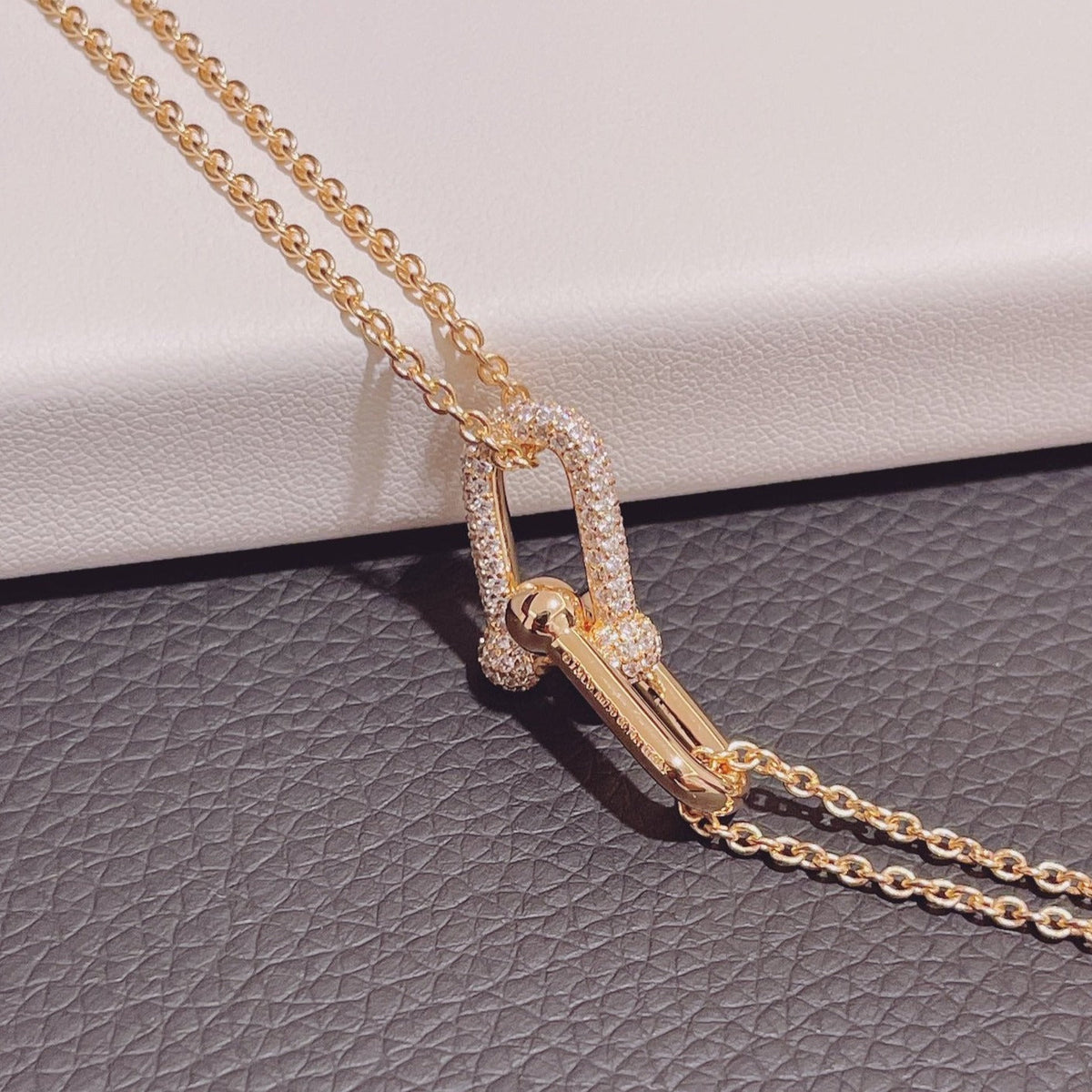 [Clover Jewelry]HARDWEAR DOUBLE LINK PEDANT PINK GOLD DIAMOND NECKLACE