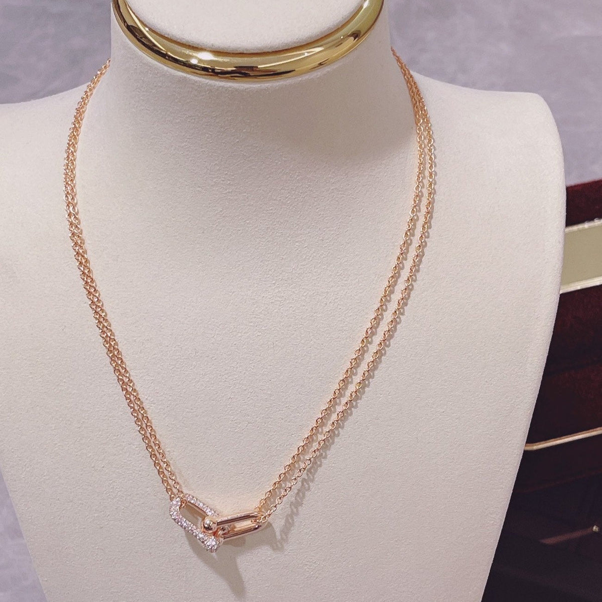 [Clover Jewelry]HARDWEAR DOUBLE LINK PEDANT PINK GOLD DIAMOND NECKLACE