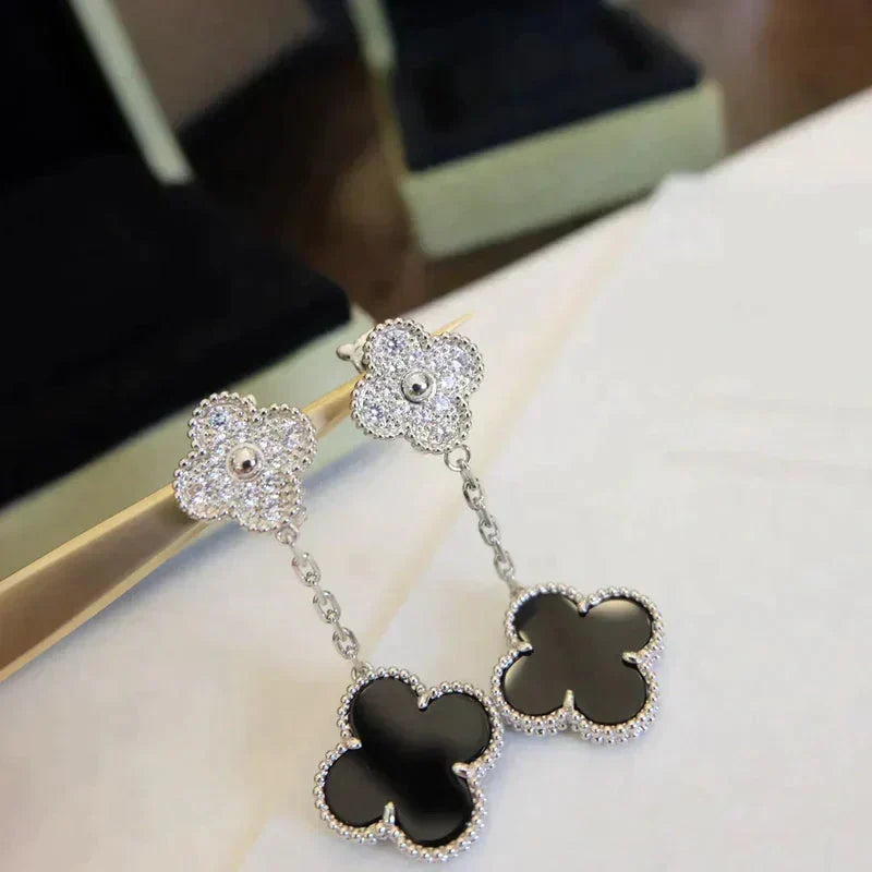[⭐Clover Jewelry]CLOVER 2 MOTIFS  DIAMOND ONYX EARRINGS SILVER