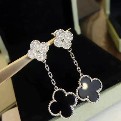 [⭐Clover Jewelry]CLOVER 2 MOTIFS  DIAMOND ONYX EARRINGS SILVER