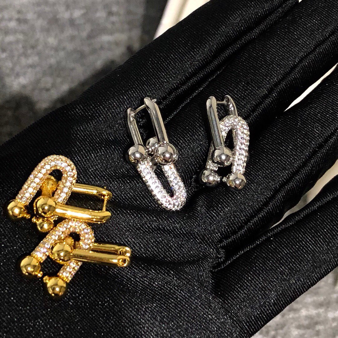 [Clover Jewelry]HARDWARE DROP EARRINGS DOUBLE LINK DIAMOND