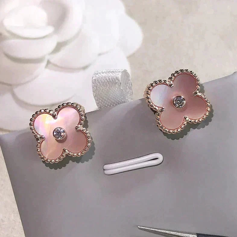 [⭐Clover Jewelry]CLOVER MEDIUM 1 MOTIFS  PINK MOP DIAMOND EARRINGS