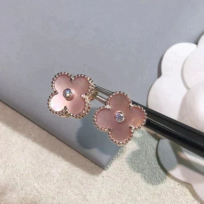 [⭐Clover Jewelry]CLOVER MEDIUM 1 MOTIFS  PINK MOP DIAMOND EARRINGS