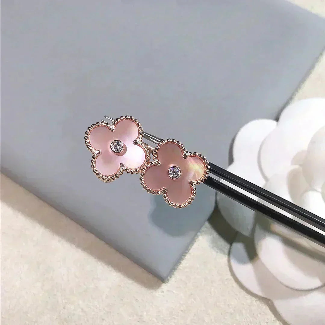 [⭐Clover Jewelry]CLOVER MEDIUM 1 MOTIFS  PINK MOP DIAMOND EARRINGS