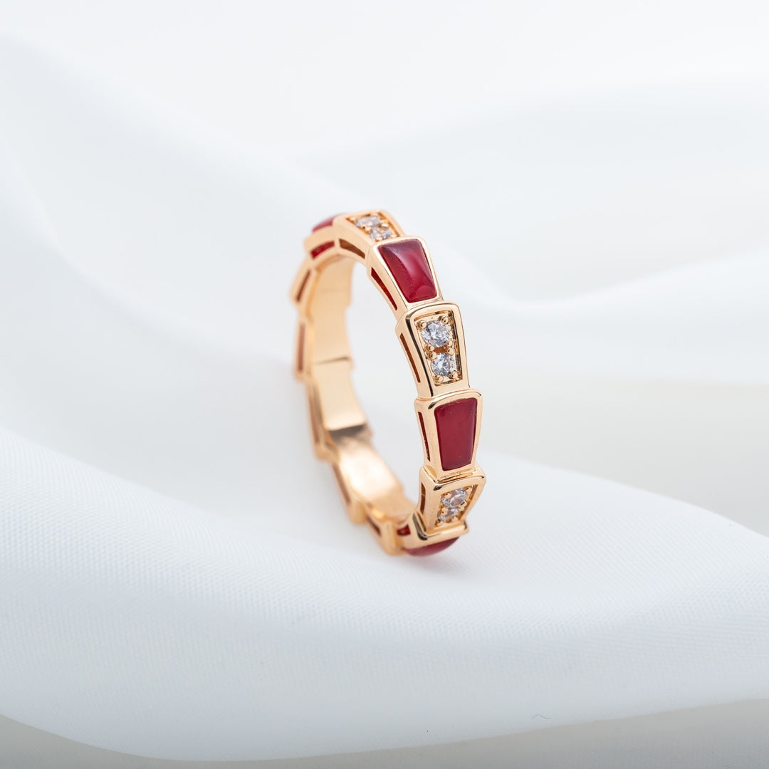 [⭐Clover Jewelry]SERPENTI RING PINK GOLD CARNELIAN DIAMOND 3MM