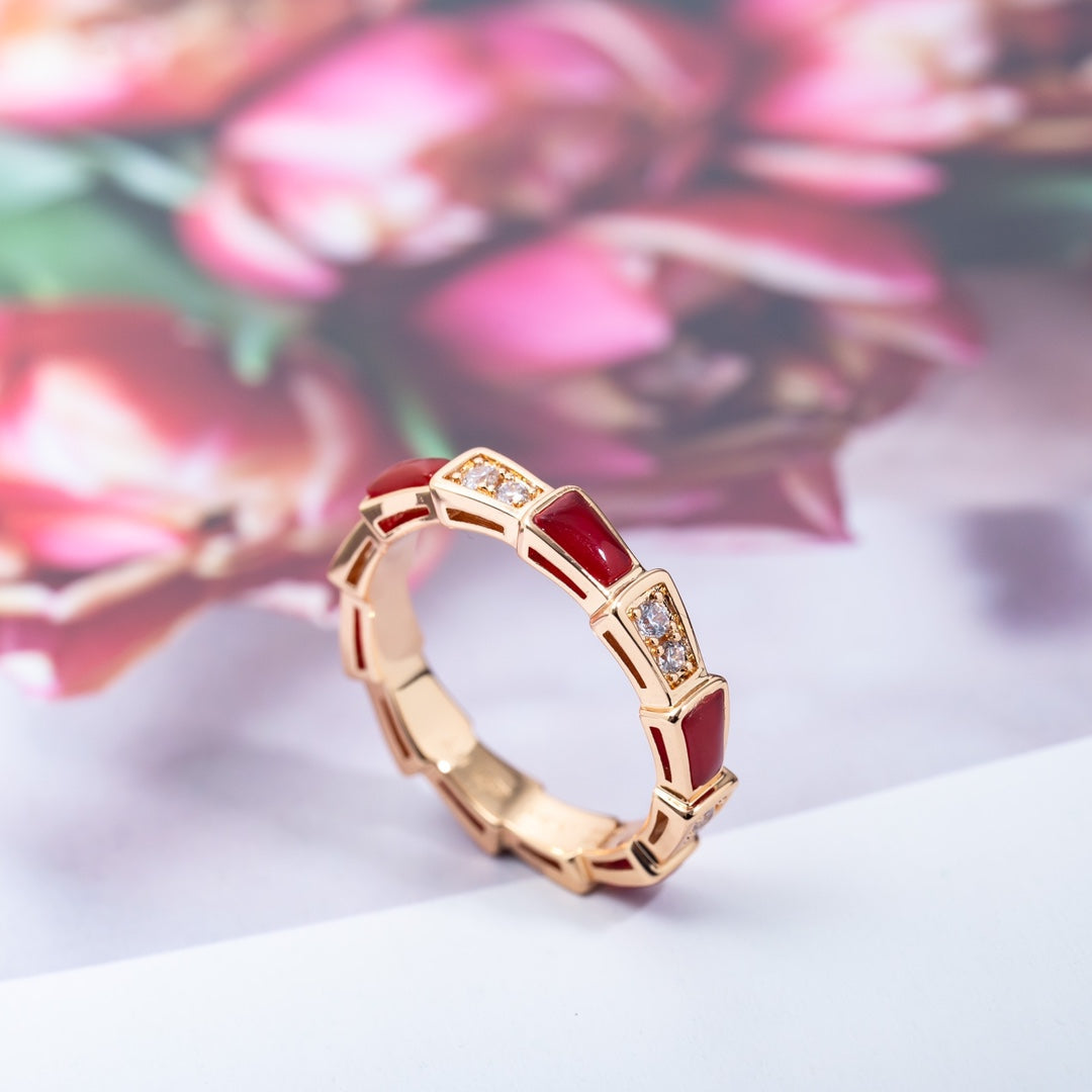 [⭐Clover Jewelry]SERPENTI RING PINK GOLD CARNELIAN DIAMOND 3MM