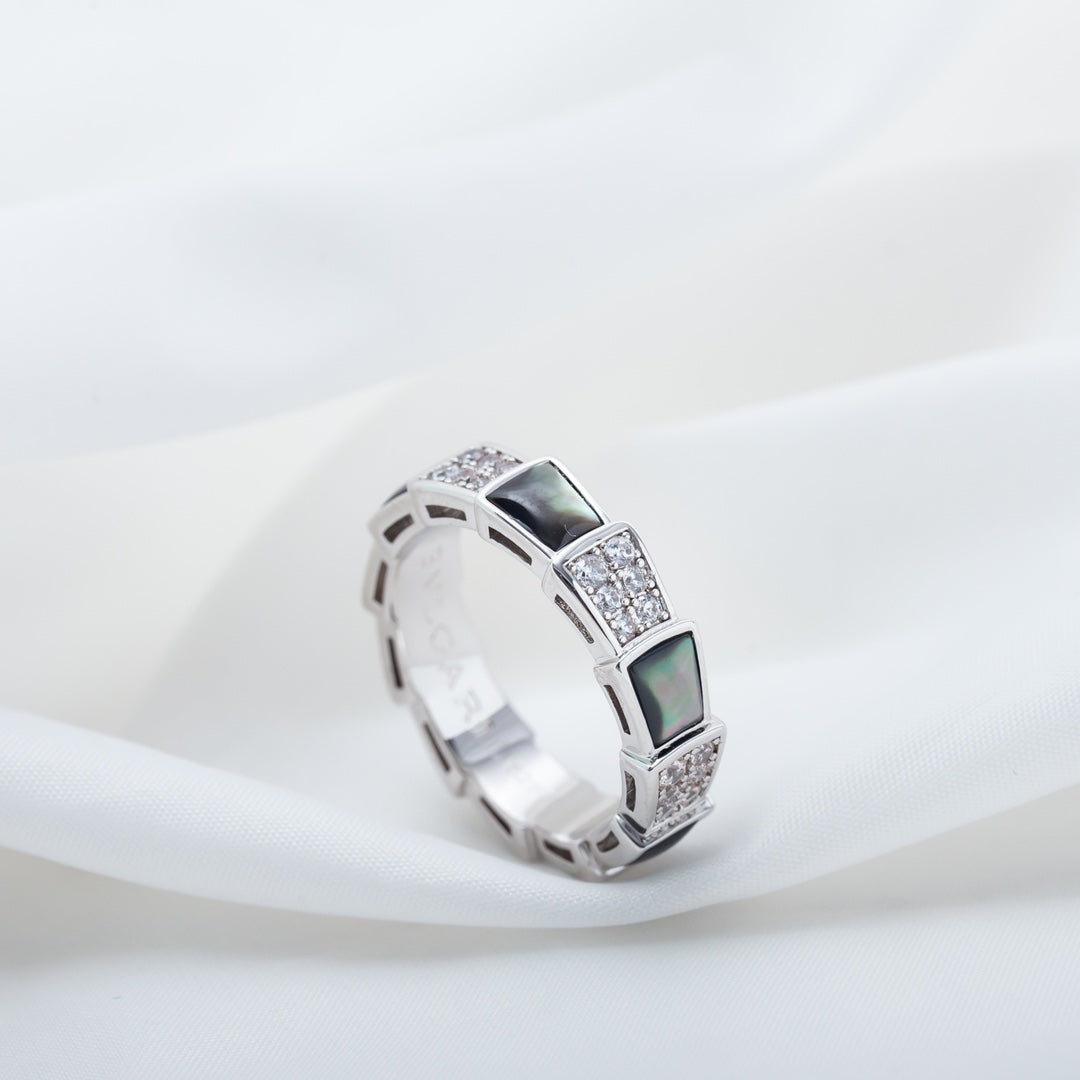 [⭐Clover Jewelry]SERPENTI RING SILVER DIAMOND BLACK MOP 4MM