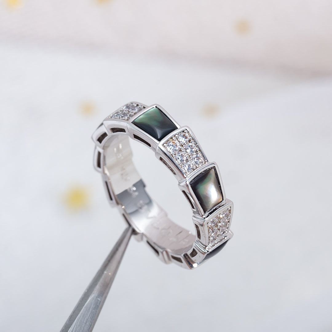 [⭐Clover Jewelry]SERPENTI RING SILVER DIAMOND BLACK MOP 4MM