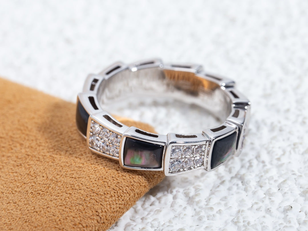 [⭐Clover Jewelry]SERPENTI RING SILVER DIAMOND BLACK MOP 4MM