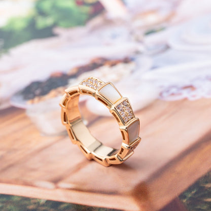 [⭐Clover Jewelry]SERPENTI RING PINK GOLD MOP DIAMOND PAVED 4MM