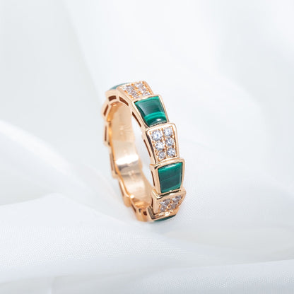 [⭐Clover Jewelry]SERPENTI RING PINK GOLD MALACHITE DIAMOND PAVED 4MM
