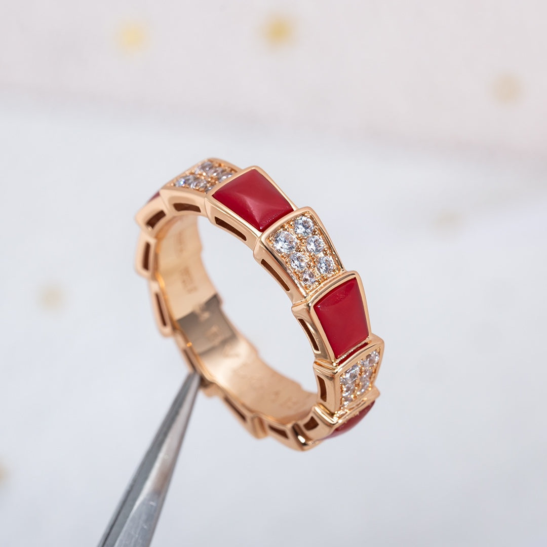 [⭐Clover Jewelry]SERPENTI RING PINK GOLD CARNELIAN DIAMOND PAVED 4MM