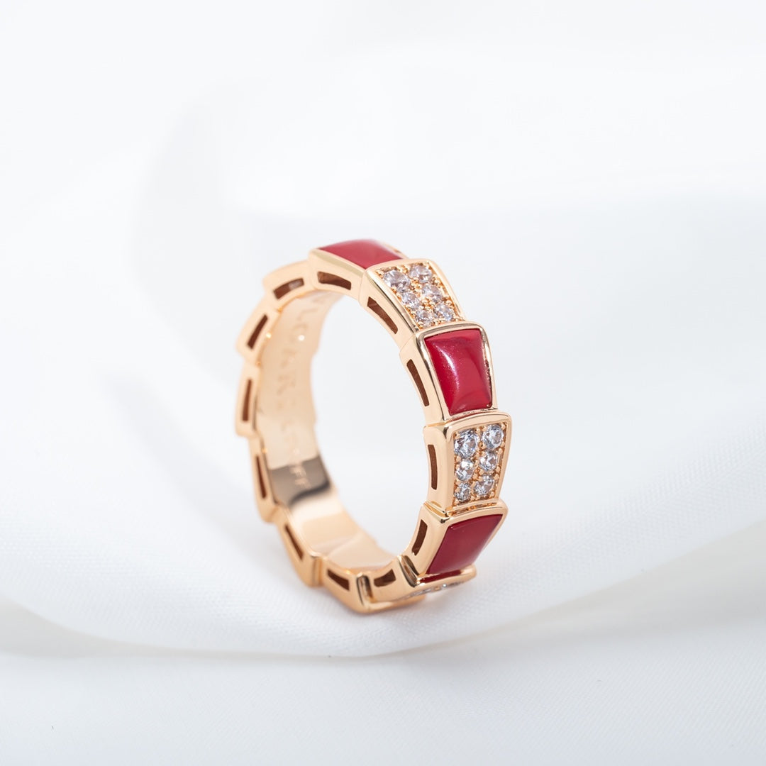[⭐Clover Jewelry]SERPENTI RING PINK GOLD CARNELIAN DIAMOND PAVED 4MM