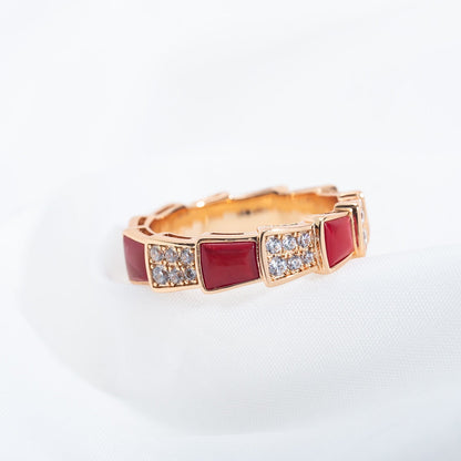 [⭐Clover Jewelry]SERPENTI RING PINK GOLD CARNELIAN DIAMOND PAVED 4MM