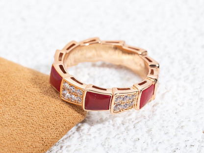 [⭐Clover Jewelry]SERPENTI RING PINK GOLD CARNELIAN DIAMOND PAVED 4MM