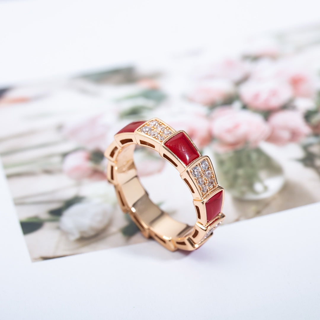 [⭐Clover Jewelry]SERPENTI RING PINK GOLD CARNELIAN DIAMOND PAVED 4MM