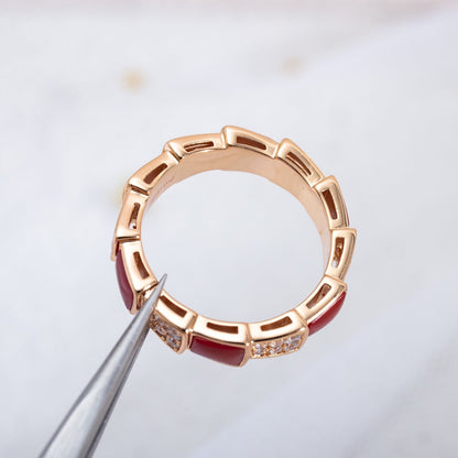 [⭐Clover Jewelry]SERPENTI RING PINK GOLD CARNELIAN DIAMOND PAVED 4MM