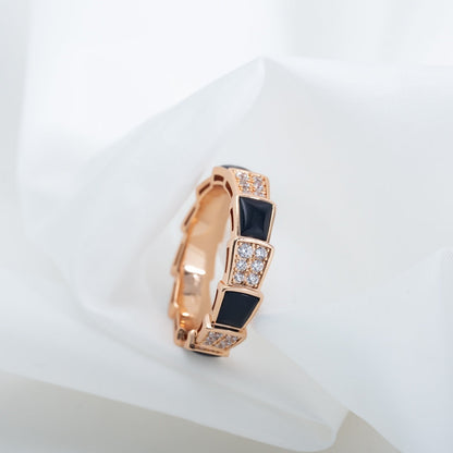 [⭐Clover Jewelry]SERPENTI RING PINK GOLD BLACK MOP DIAMOND PAVED 4MM