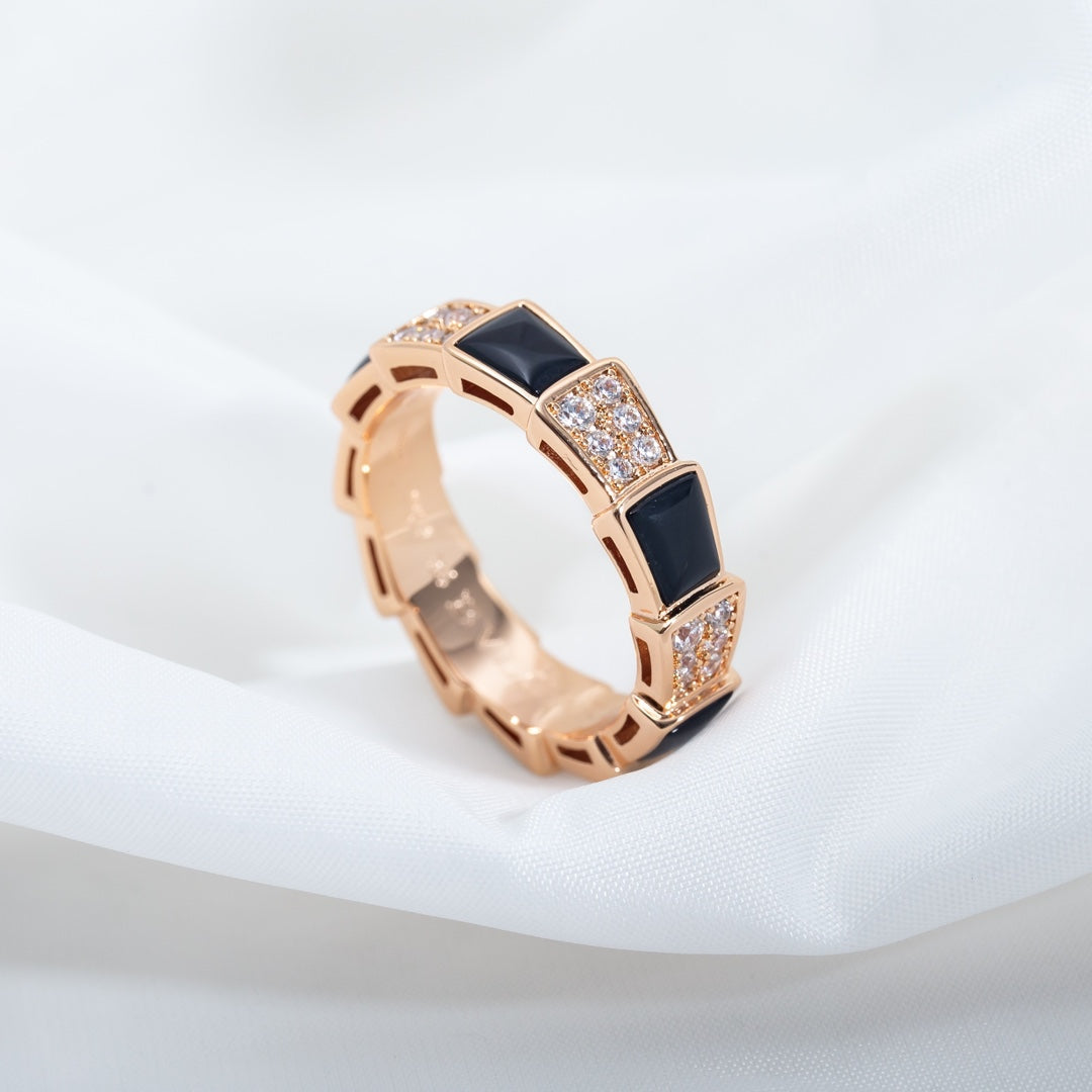 [⭐Clover Jewelry]SERPENTI RING PINK GOLD BLACK MOP DIAMOND PAVED 4MM