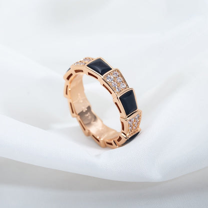 [⭐Clover Jewelry]SERPENTI RING PINK GOLD BLACK MOP DIAMOND PAVED 4MM