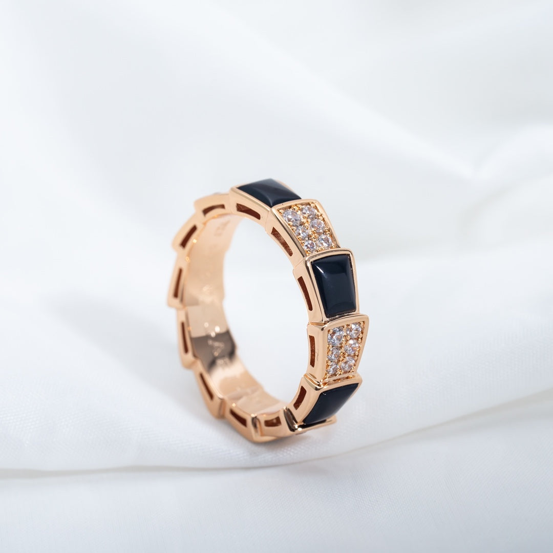 [⭐Clover Jewelry]SERPENTI RING PINK GOLD BLACK MOP DIAMOND PAVED 4MM