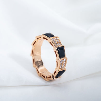 [⭐Clover Jewelry]SERPENTI RING PINK GOLD BLACK MOP DIAMOND PAVED 4MM