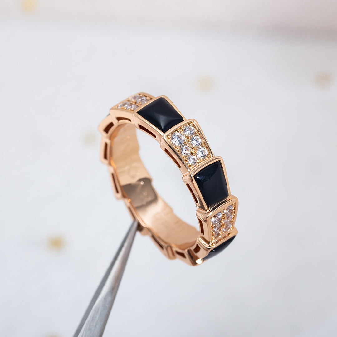[⭐Clover Jewelry]SERPENTI RING PINK GOLD BLACK MOP DIAMOND PAVED 4MM
