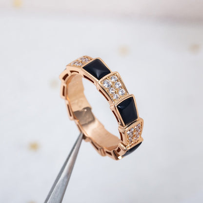 [⭐Clover Jewelry]SERPENTI RING PINK GOLD BLACK MOP DIAMOND PAVED 4MM