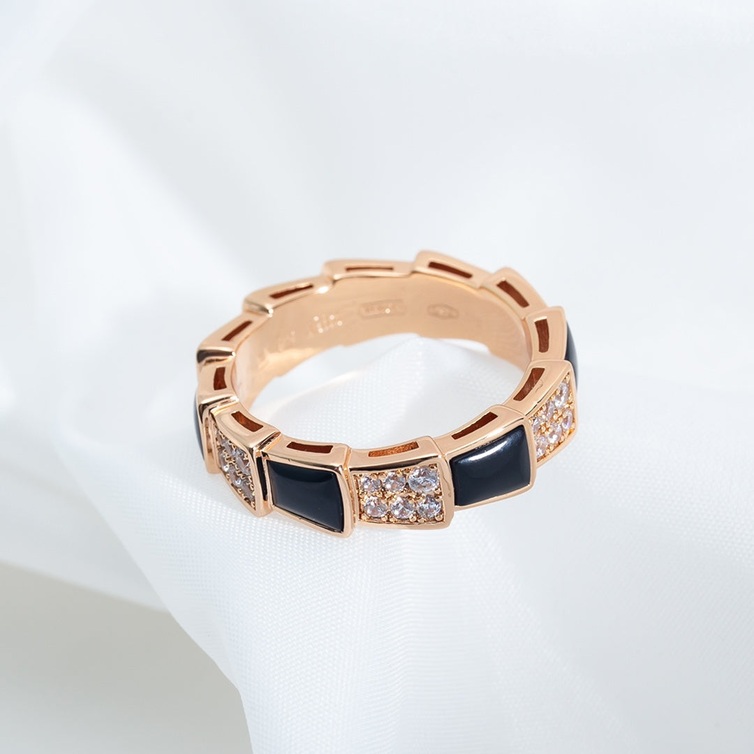 [⭐Clover Jewelry]SERPENTI RING PINK GOLD BLACK MOP DIAMOND PAVED 4MM