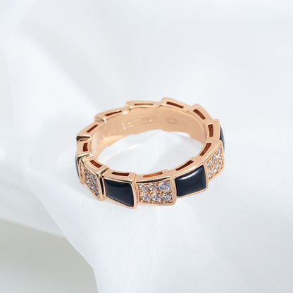[⭐Clover Jewelry]SERPENTI RING PINK GOLD BLACK MOP DIAMOND PAVED 4MM