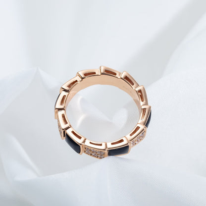 [⭐Clover Jewelry]SERPENTI RING PINK GOLD BLACK MOP DIAMOND PAVED 4MM