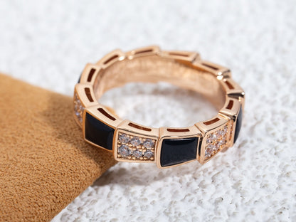 [⭐Clover Jewelry]SERPENTI RING PINK GOLD BLACK MOP DIAMOND PAVED 4MM