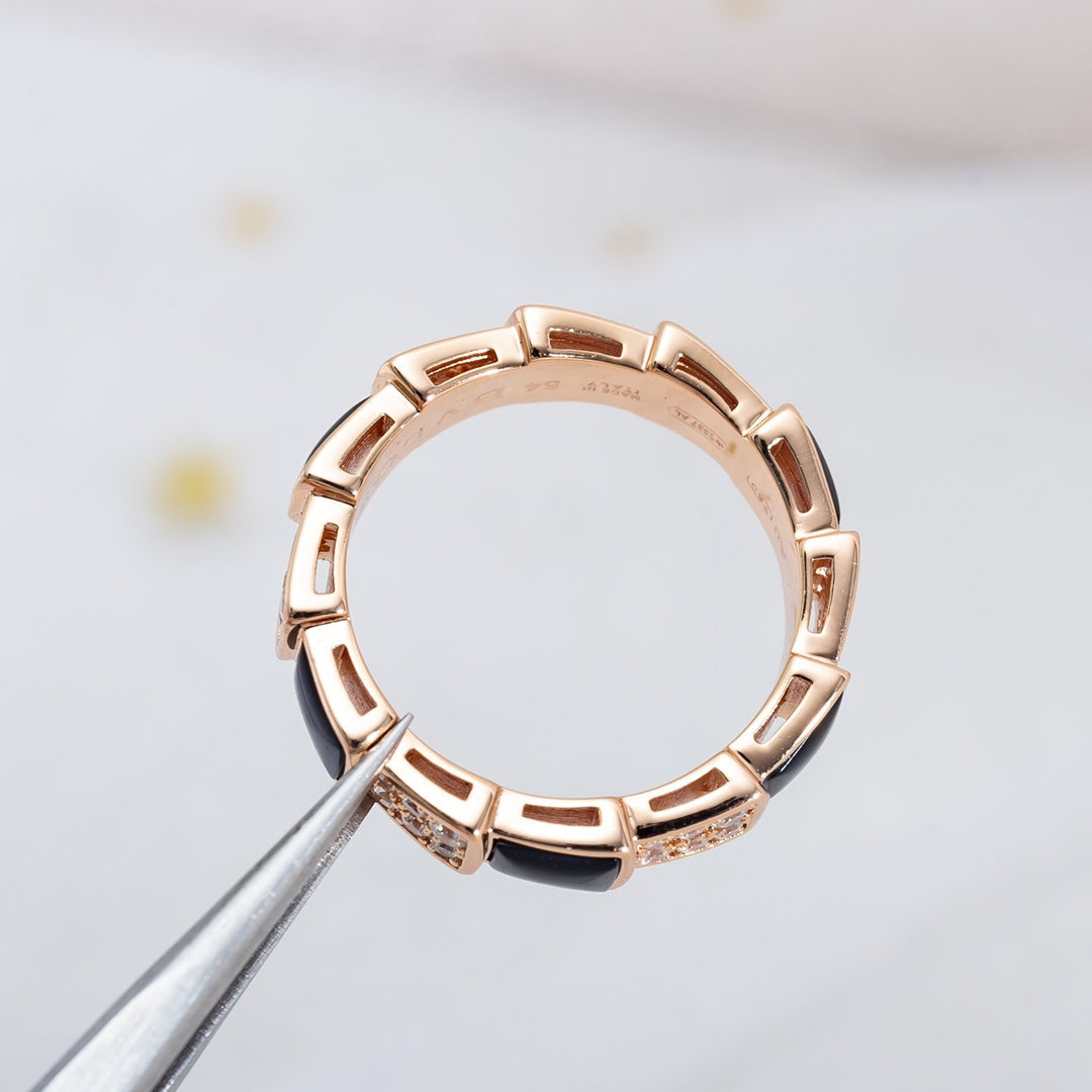 [⭐Clover Jewelry]SERPENTI RING PINK GOLD BLACK MOP DIAMOND PAVED 4MM