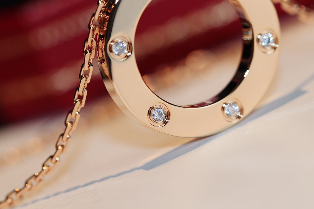 [⭐Clover Jewelry]LOVE NECKLACE 16MM 6 DIAMONDS PINK GOLD