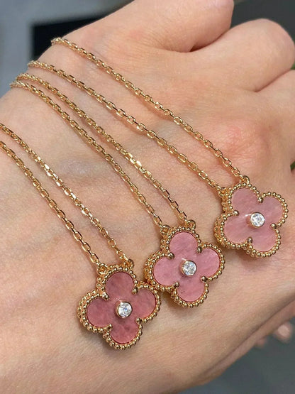 [⭐Clover Jewelry]CLOVER 15MM DIAMOND RHODONITE NECKLACE