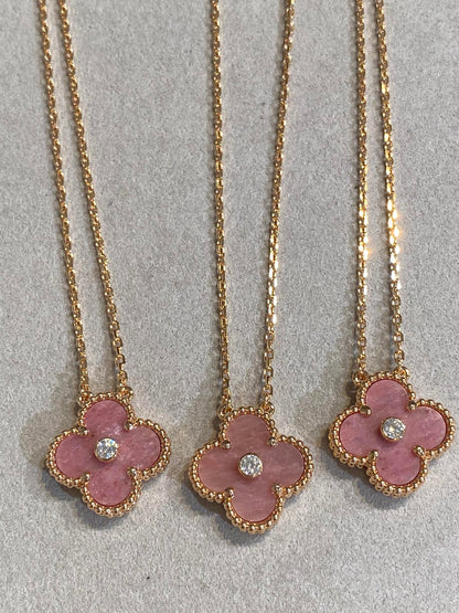 [⭐Clover Jewelry]CLOVER 15MM DIAMOND RHODONITE NECKLACE