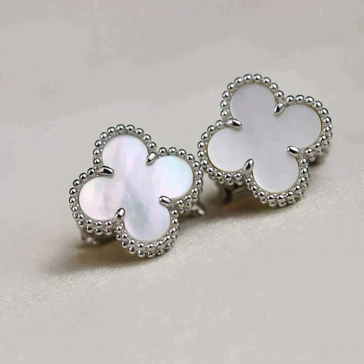 [⭐Clover Jewelry]CLOVER MEDIUM 1 MOTIFS  WHITE MOP EARRINGS SILVER