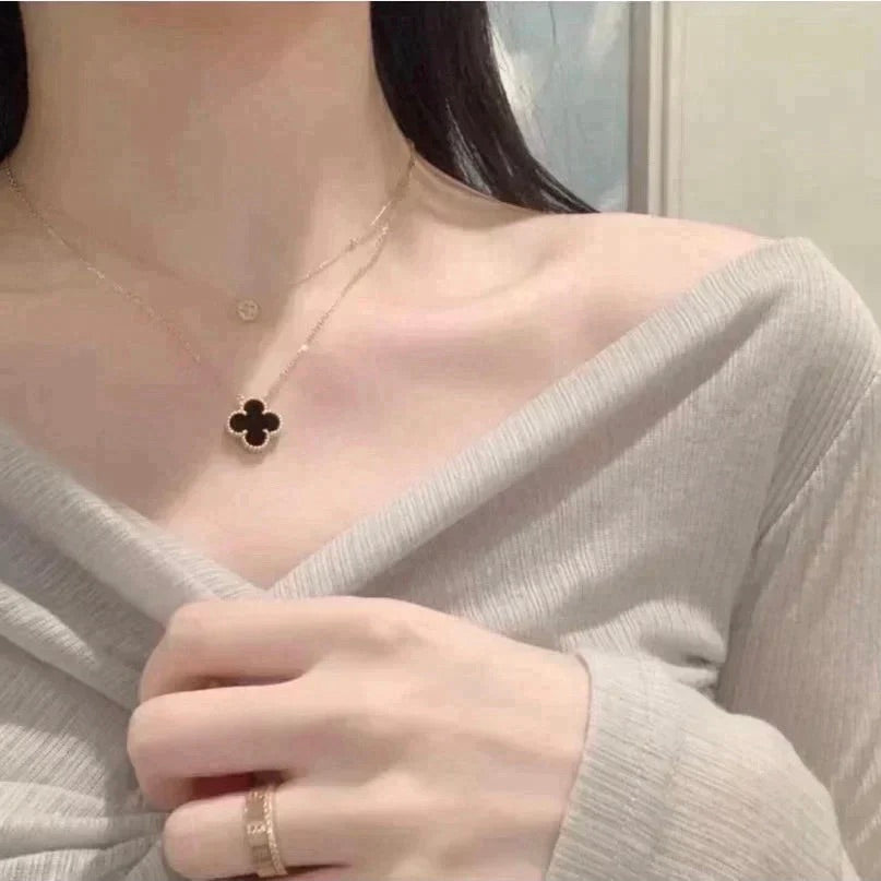 [⭐Clover Jewelry]CLOVER 15MM BLACK ONYX SINGLE FLOWER NECKLACE