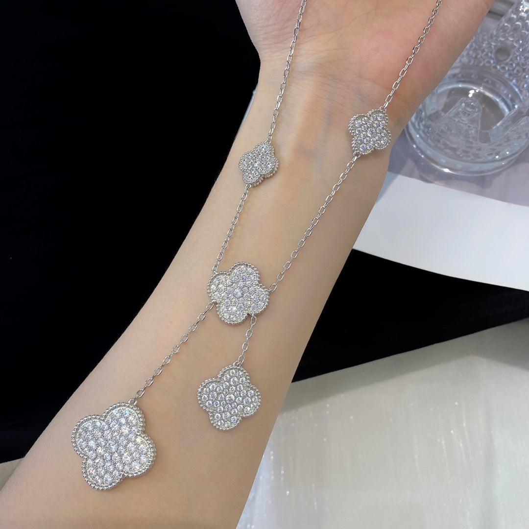 [⭐Clover Jewelry]CLOVER 5 MOTIFS SILVER DIAMONDS NECKLACE