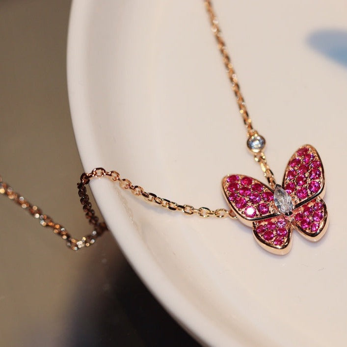 [⭐Clover Jewelry]BUTTERFLY RED DIAMOND ROSE GOLD NECKLACE
