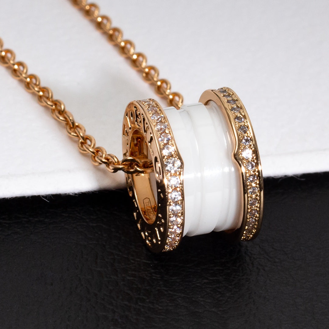 [⭐Clover Jewelry]ZERO 1 WHITE CERAMIC PINK GOLD DIAMOND NECKLACE
